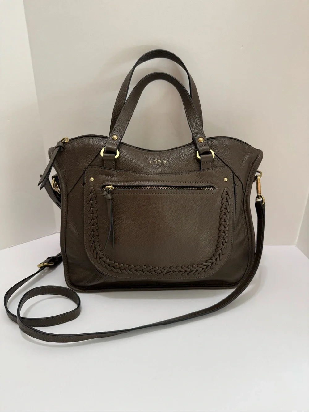 Lodis Margo Brown Olive Leather Satchel Crossbody Braided Top Handle